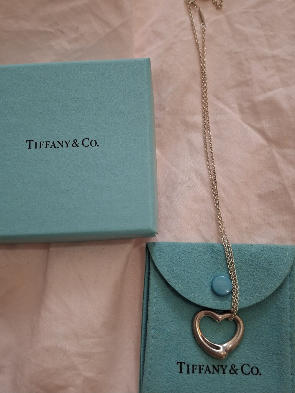 Tiffany & Co. Silver Open Heart Pendant Necklace - Blue